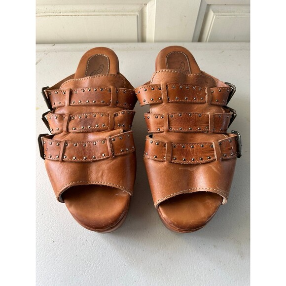 Freebird By Steven Landi Brown Studded Leather Chunky Wooden Platform Sandals 8 - Picture 2 of 7